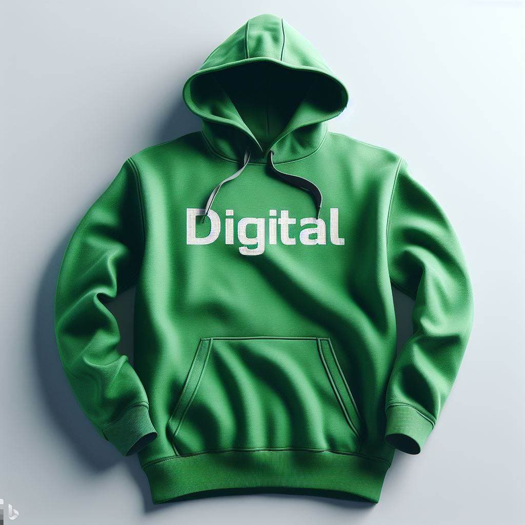 An image of a green hoodie with a logo that says digital